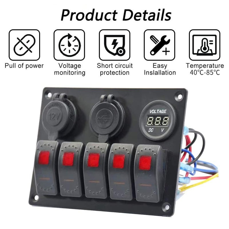 Garfour Red 5 Gang Marine Switch Panel - Waterproof Boat Switch Panel with 3.1A Dual USB, LED Voltmeter & Cigarette Lighter Socket for Boats, Trucks, RVs, SUVs - Image 3